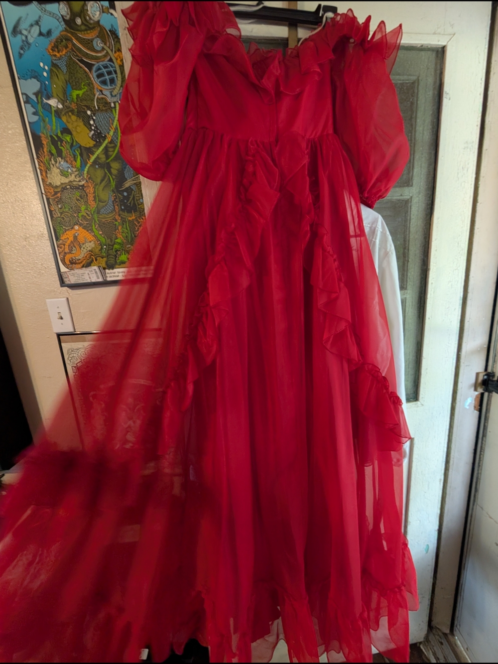 Vintage 70s 80s Red Organza Ruffle Gown | ILGWU Sheer Prom Evening Dress sz 11